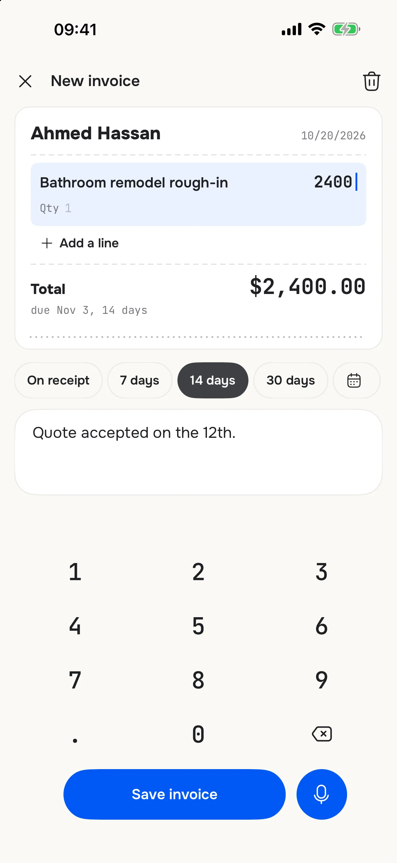 Jottally’s invoice editor: a $2,400 bathroom rough-in for Ahmed Hassan, due in 14 days, with the keypad, Save invoice and the mic.