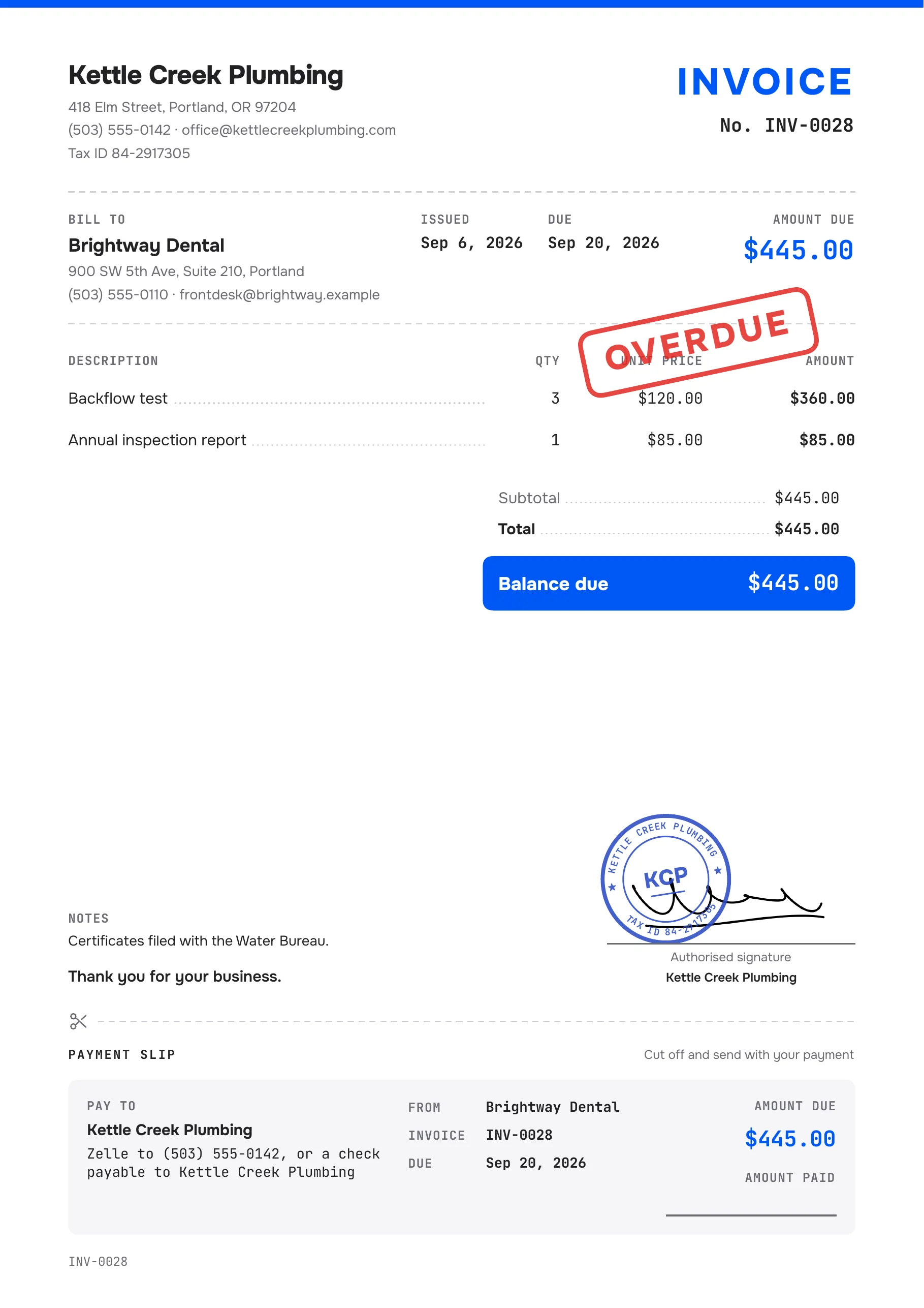 The PDF Jottally made for invoice INV-0028: Kettle Creek Plumbing billing Brightway Dental $445 for three backflow tests and an inspection report, with a round seal, a signature and a tear-off payment slip.