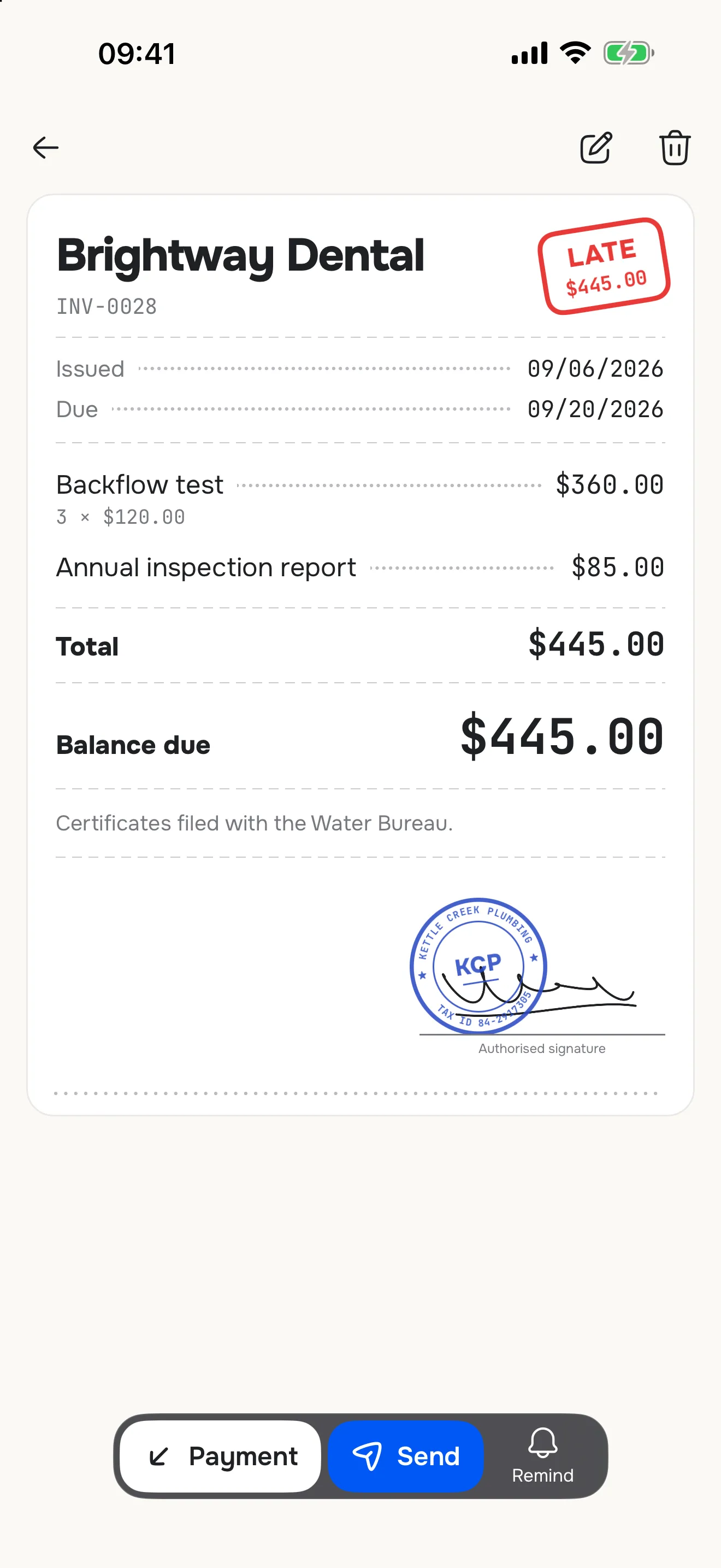 An invoice in Jottally for Brightway Dental, stamped LATE, with the seal and signature at the foot.